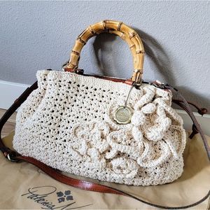Patricia Nash Macamre Cantinella Crochet Floral Drawstring Bamboo Hobo Natural